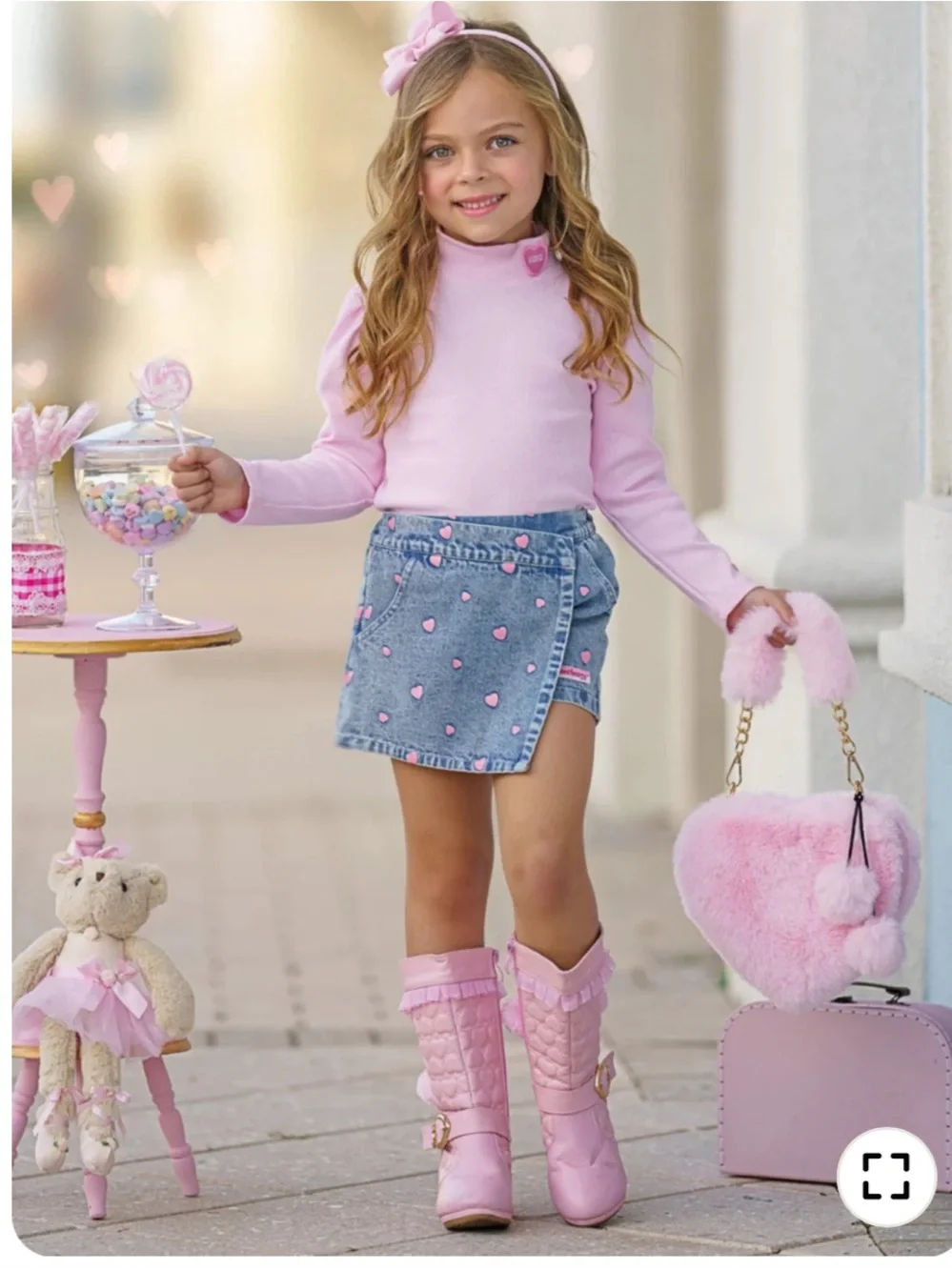 Mia Belle Girls Toddler Baby Heart Wrap Skirt Skort Denim Turtle Neck Pink 2T/3T